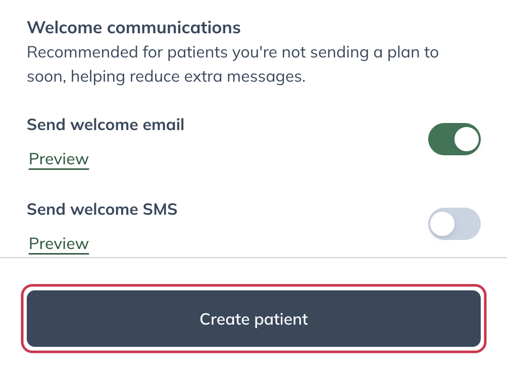 The Create patient drawer with the Create patient button highlighted.